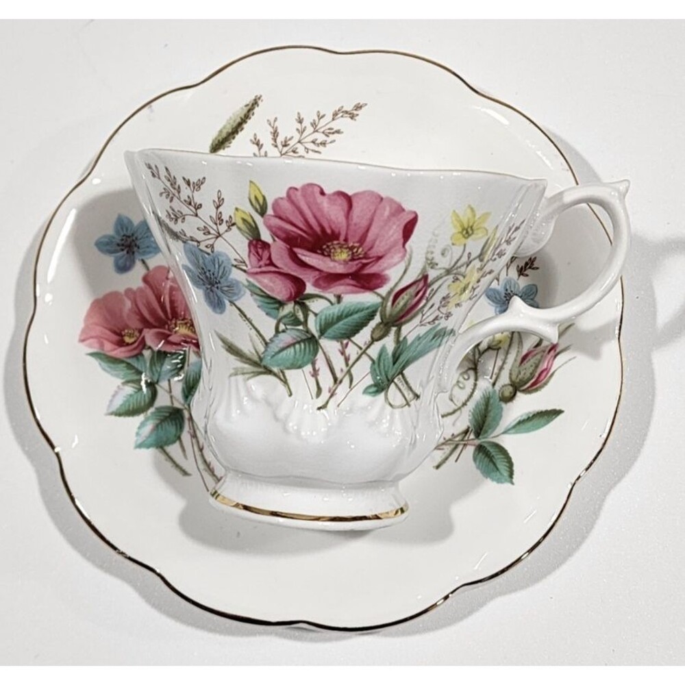 Royal Albert England Cup Saucer Scalloped Pink Yellow Floral Gold